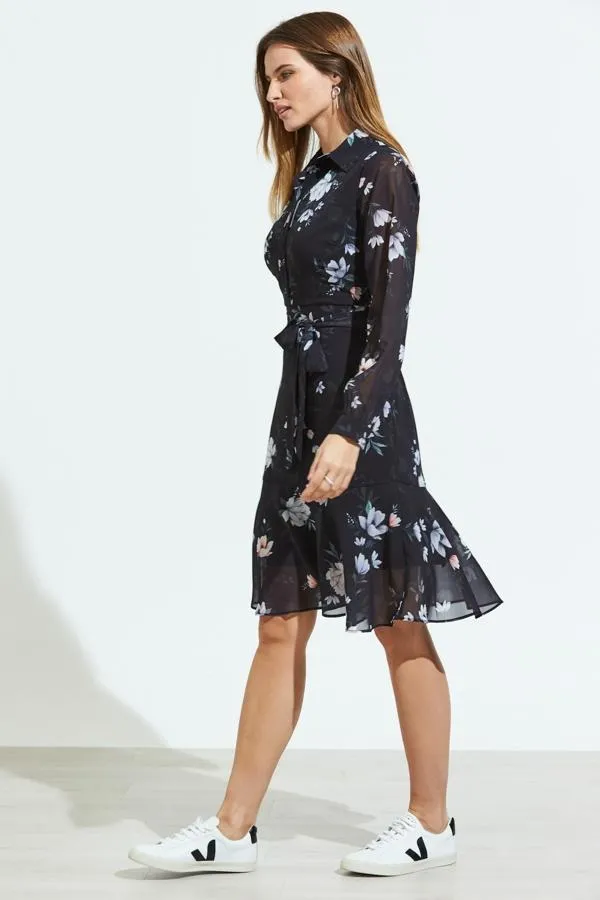 Sosandar Dresses Women Black Floral Print Sheer Sleeve Fit and Flare Dress Black