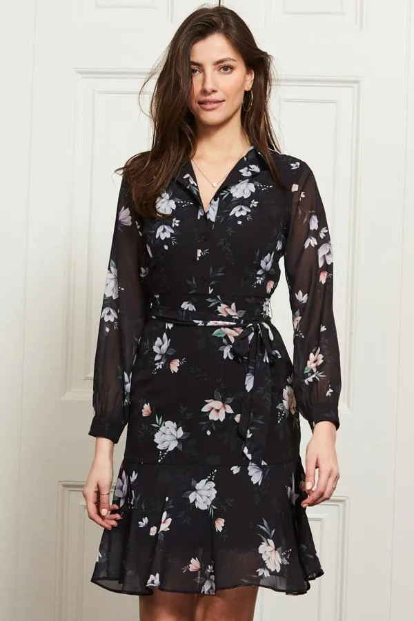 Sosandar Dresses Women Black Floral Print Sheer Sleeve Fit and Flare Dress Black