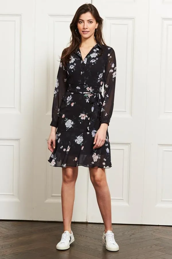 Sosandar Dresses Women Black Floral Print Sheer Sleeve Fit and Flare Dress Black