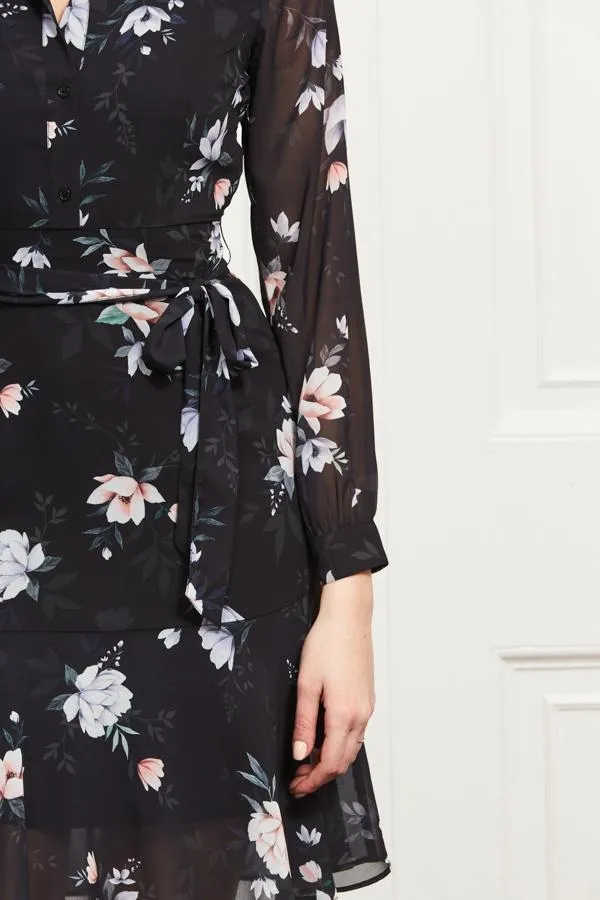 Sosandar Dresses Women Black Floral Print Sheer Sleeve Fit and Flare Dress Black