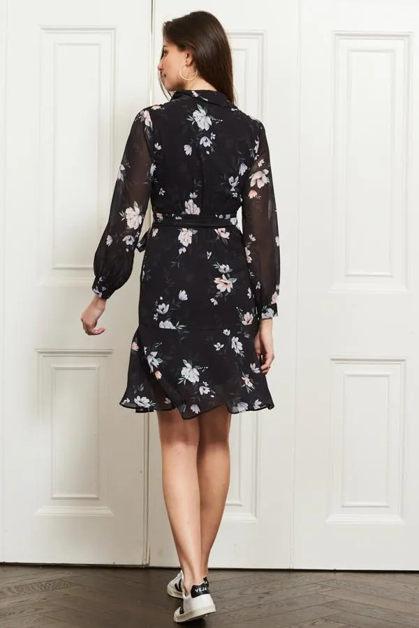 Sosandar Dresses Women Black Floral Print Sheer Sleeve Fit and Flare Dress Black