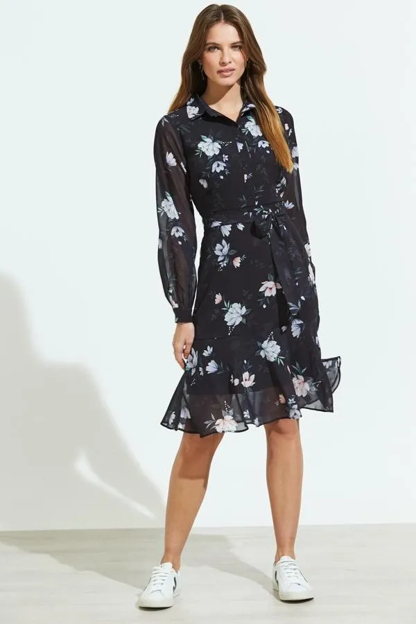 Sosandar Dresses Women Black Floral Print Sheer Sleeve Fit and Flare Dress Black