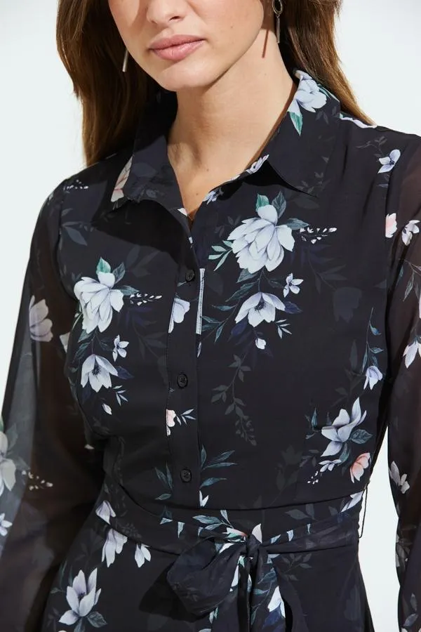 Sosandar Dresses Women Black Floral Print Sheer Sleeve Fit and Flare Dress Black