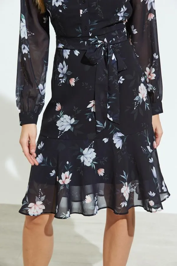 Sosandar Dresses Women Black Floral Print Sheer Sleeve Fit and Flare Dress Black