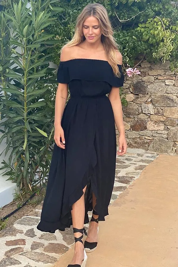 Sosandar Dresses Women Black Ruffle Detail Side Split Bardot Dress Black