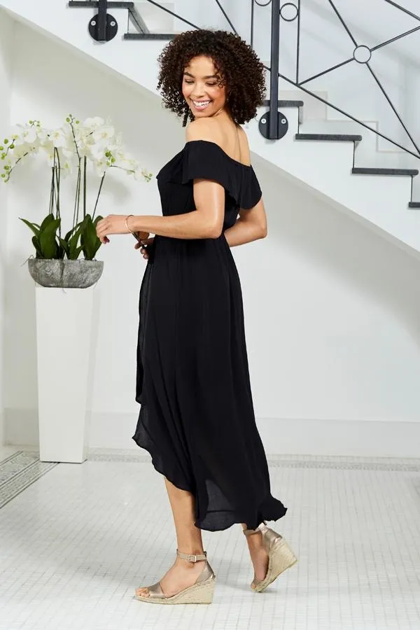 Sosandar Dresses Women Black Ruffle Detail Side Split Bardot Dress Black