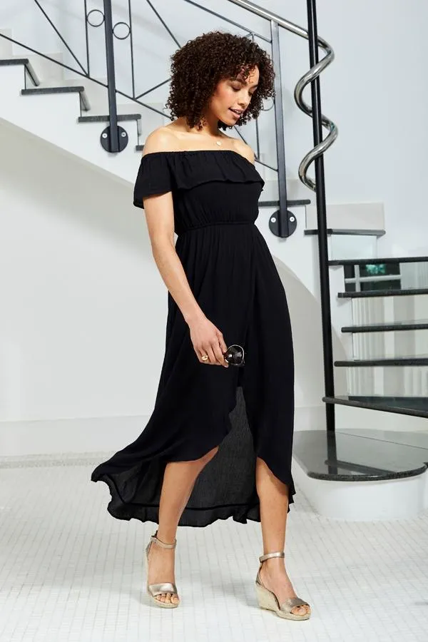 Sosandar Dresses Women Black Ruffle Detail Side Split Bardot Dress Black
