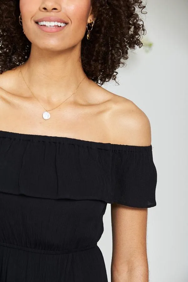 Sosandar Dresses Women Black Ruffle Detail Side Split Bardot Dress Black