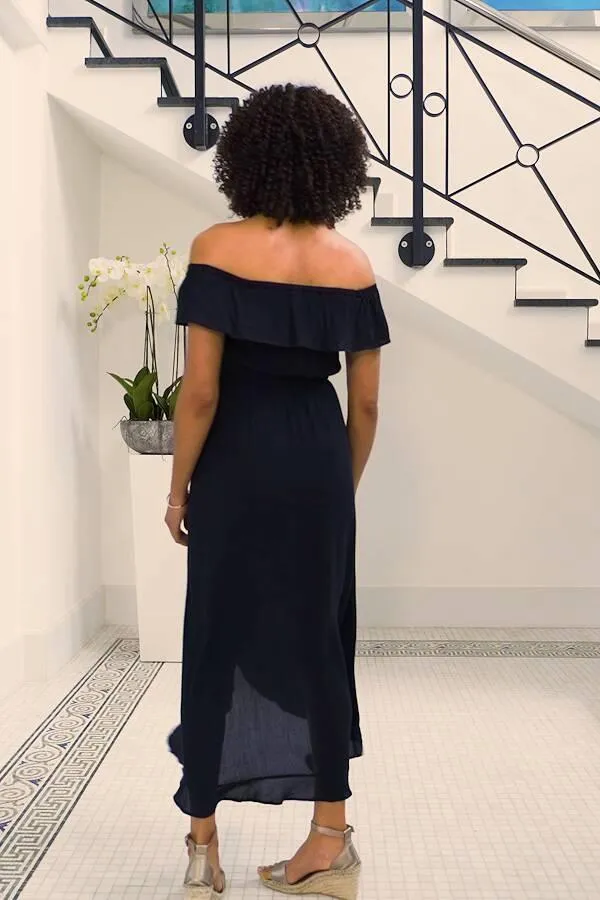 Sosandar Dresses Women Black Ruffle Detail Side Split Bardot Dress Black