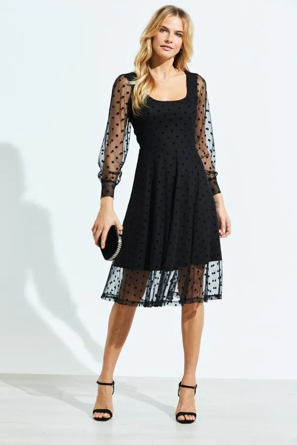 Sosandar Dresses Women Black Spot Print Mesh Overlay Fit and Flare Dress Black Sosandar Dresses Women Black Spot Print Mesh Overlay Fit and Flare Dress Black