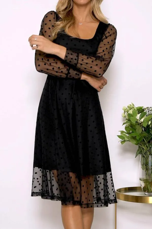 Sosandar Dresses Women Black Spot Print Mesh Overlay Fit and Flare Dress Black