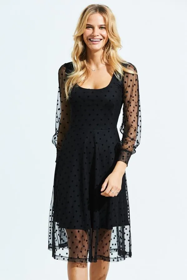 Sosandar Dresses Women Black Spot Print Mesh Overlay Fit and Flare Dress Black