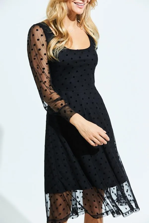 Sosandar Dresses Women Black Spot Print Mesh Overlay Fit and Flare Dress Black