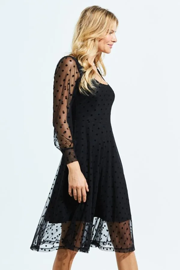 Sosandar Dresses Women Black Spot Print Mesh Overlay Fit and Flare Dress Black