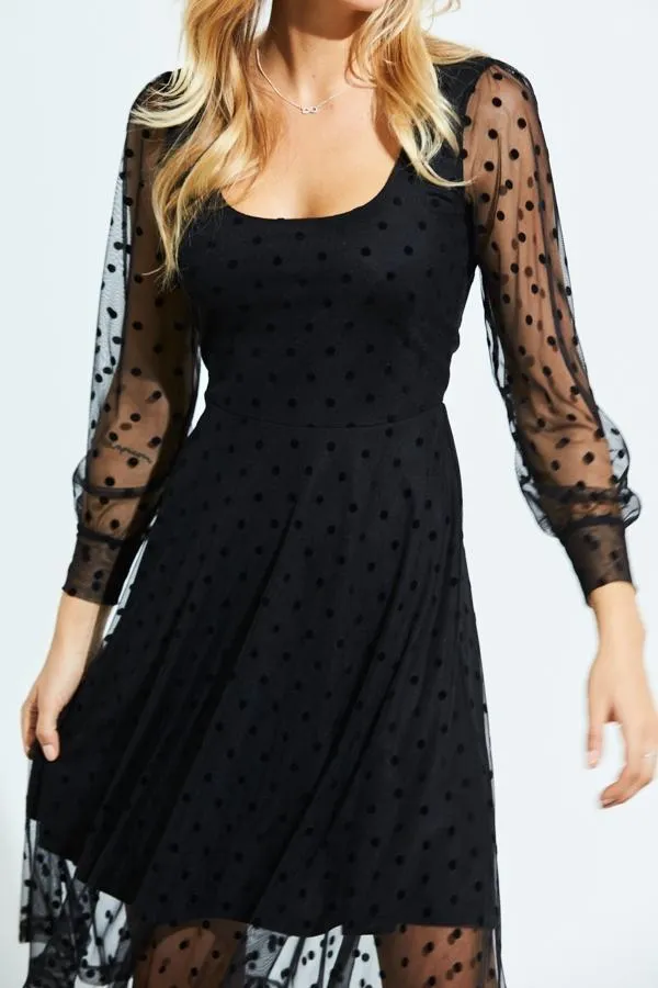 Sosandar Dresses Women Black Spot Print Mesh Overlay Fit and Flare Dress Black