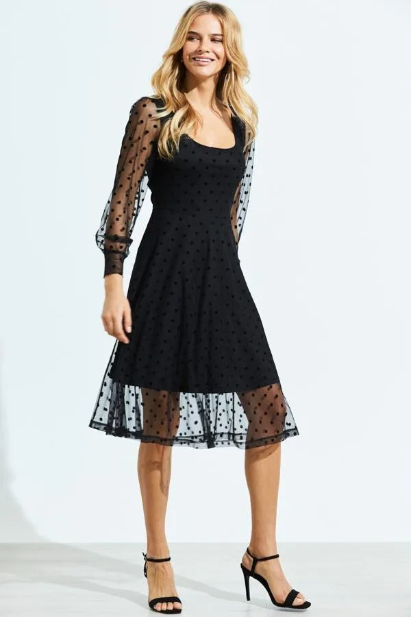 Sosandar Dresses Women Black Spot Print Mesh Overlay Fit and Flare Dress Black