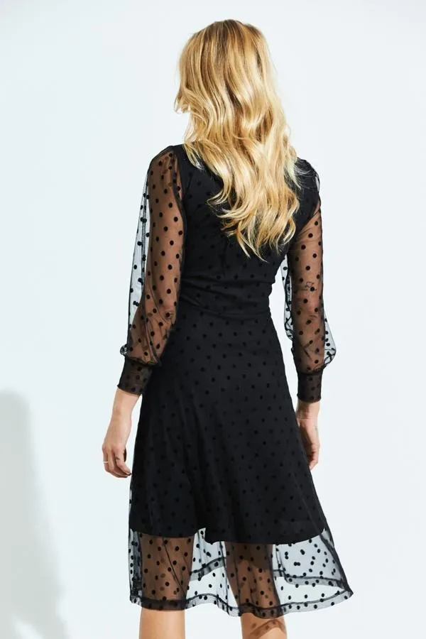 Sosandar Dresses Women Black Spot Print Mesh Overlay Fit and Flare Dress Black