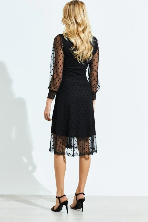 Sosandar Dresses Women Black Spot Print Mesh Overlay Fit and Flare Dress Black