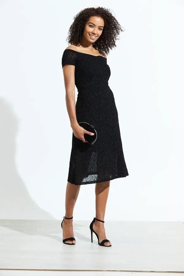 Sosandar Dresses Women Black Zebra Burnout Stretch Bardot Fit and Flare Dress Black
