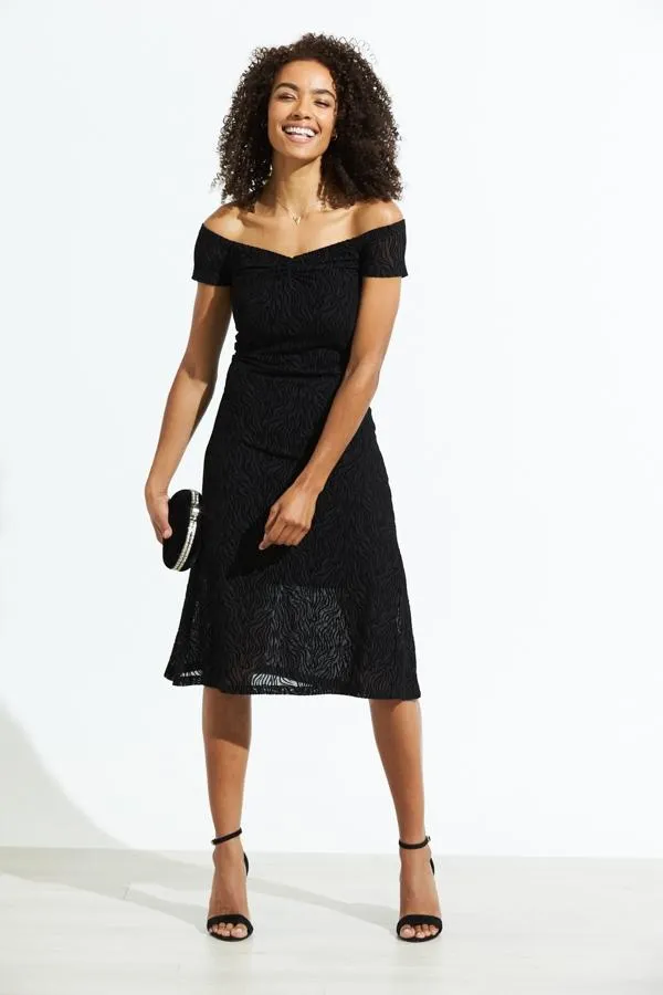 Sosandar Dresses Women Black Zebra Burnout Stretch Bardot Fit and Flare Dress Black