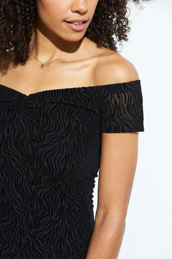 Sosandar Dresses Women Black Zebra Burnout Stretch Bardot Fit and Flare Dress Black