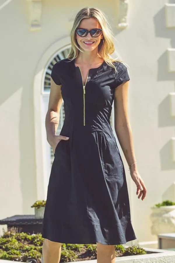 Sosandar Dresses Women Black Zip Front Fit and Flare Dress With Pockets Black Sosandar Dresses Women Black Zip Front Fit and Flare Dress With Pockets Black
