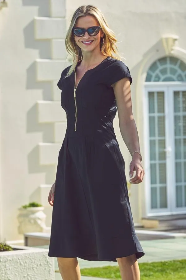 Sosandar Dresses Women Black Zip Front Fit and Flare Dress With Pockets Black