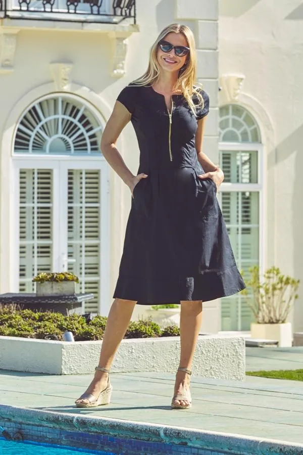 Sosandar Dresses Women Black Zip Front Fit and Flare Dress With Pockets Black