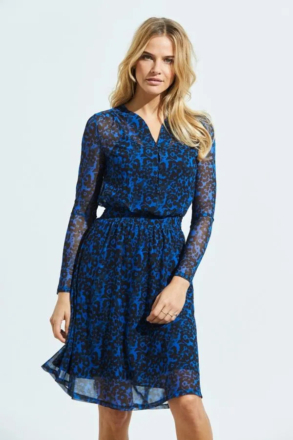 Sosandar Dresses Women Blue and Black Print Shirred Waist Mesh Dress Blue Black