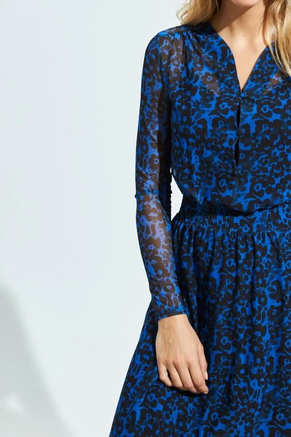 Sosandar Dresses Women Blue and Black Print Shirred Waist Mesh Dress Blue Black