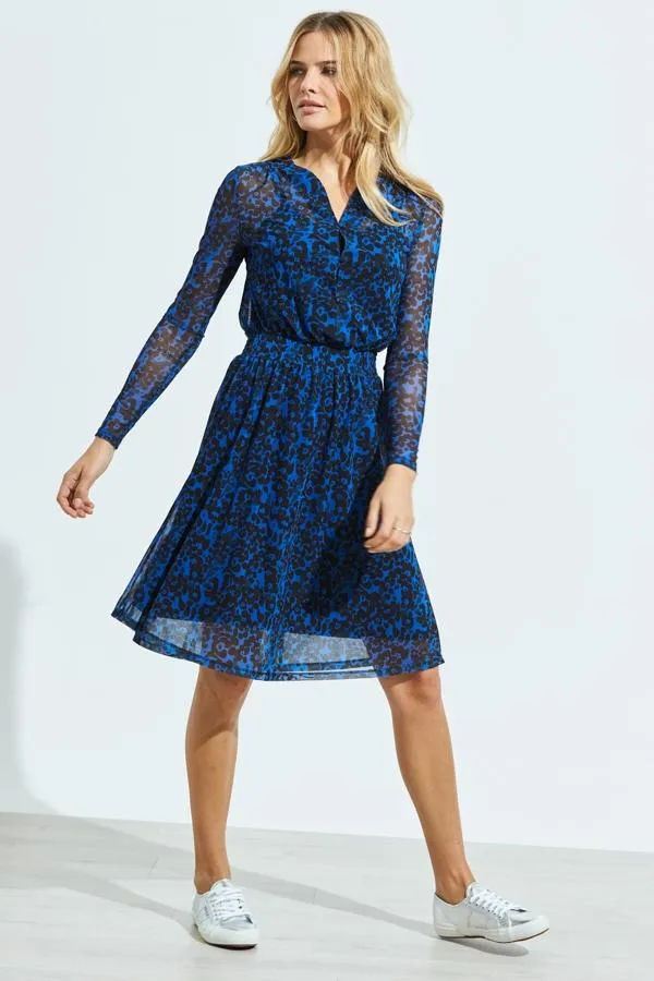Sosandar Dresses Women Blue and Black Print Shirred Waist Mesh Dress Blue Black