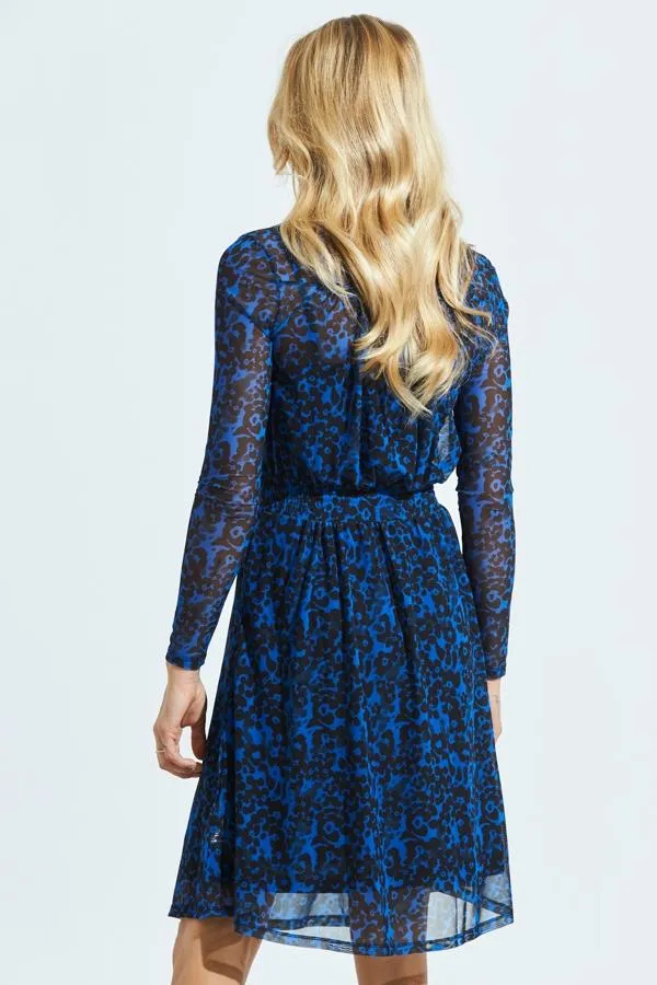 Sosandar Dresses Women Blue and Black Print Shirred Waist Mesh Dress Blue Black