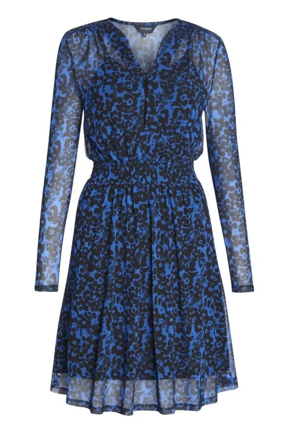 Sosandar Dresses Women Blue and Black Print Shirred Waist Mesh Dress Blue Black