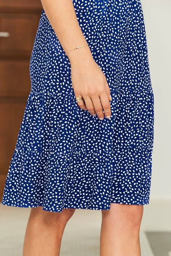 Sosandar Dresses Women Blue and White Fleck Print Jersey Tiered Fit and Flare Dress Blue White