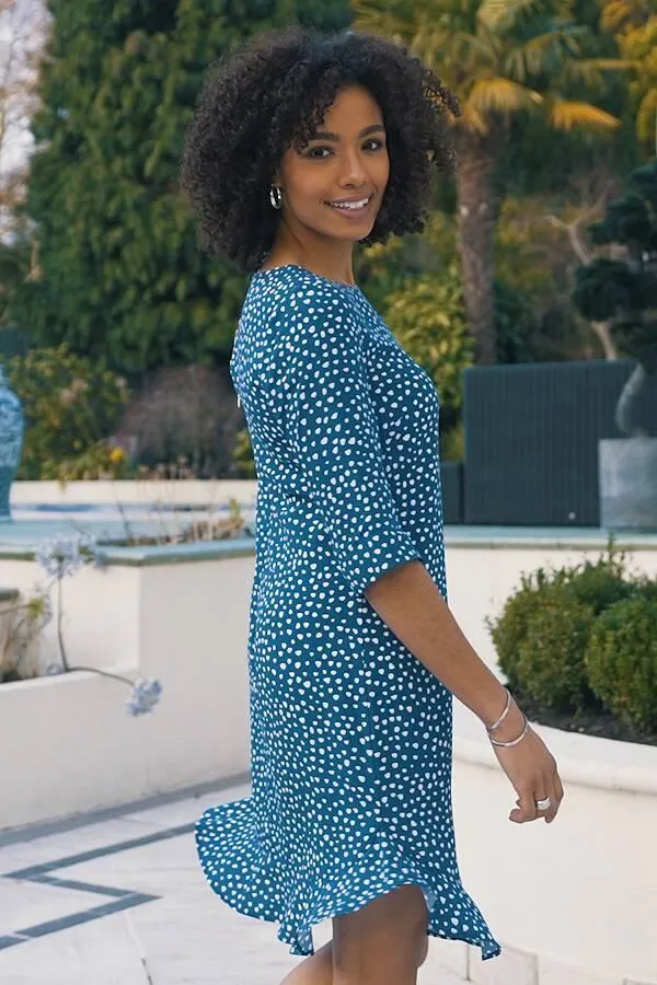 Sosandar Dresses Women Blue and White Spot Print Ruffle Hem Shift Dress Blue White