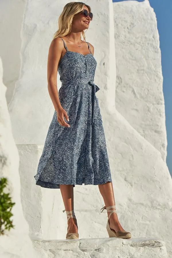 Sosandar Dresses Women Blue Animal Print Button Front Belted Midi Dress Blue