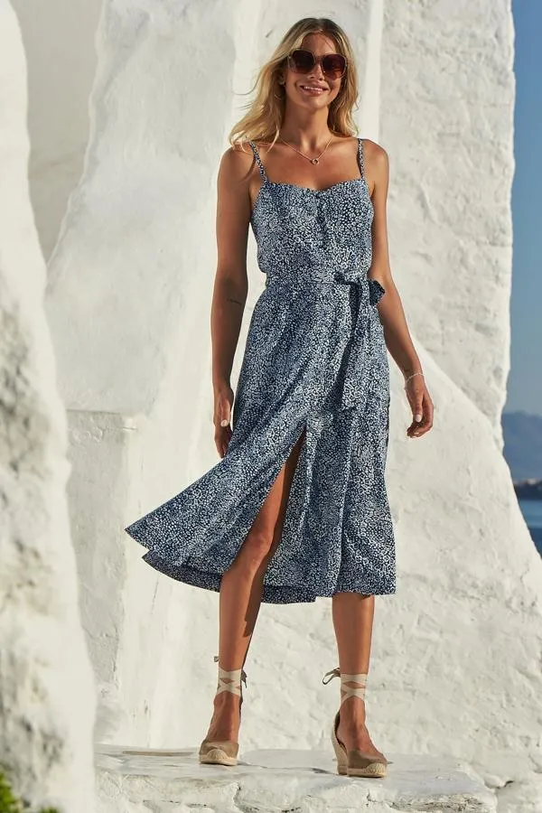 Sosandar Dresses Women Blue Animal Print Button Front Belted Midi Dress Blue