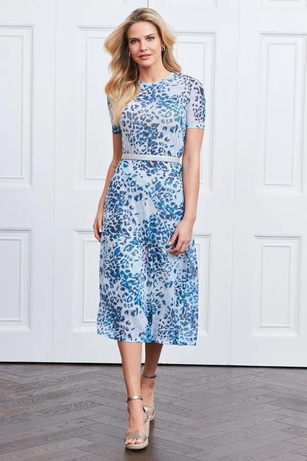 Sosandar Dresses Women Blue Animal Print Mesh Midi Dress Blue