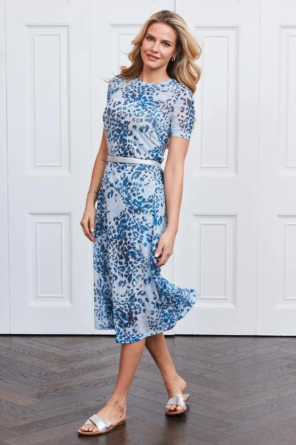 Sosandar Dresses Women Blue Animal Print Mesh Midi Dress Blue