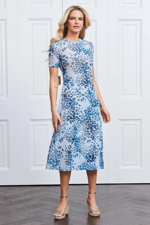 Sosandar Dresses Women Blue Animal Print Mesh Midi Dress Blue