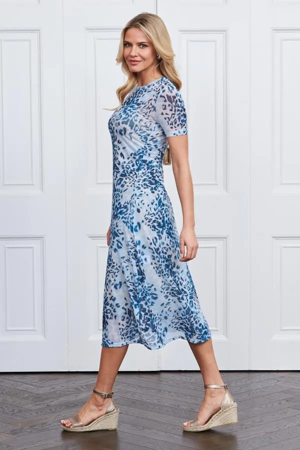Sosandar Dresses Women Blue Animal Print Mesh Midi Dress Blue