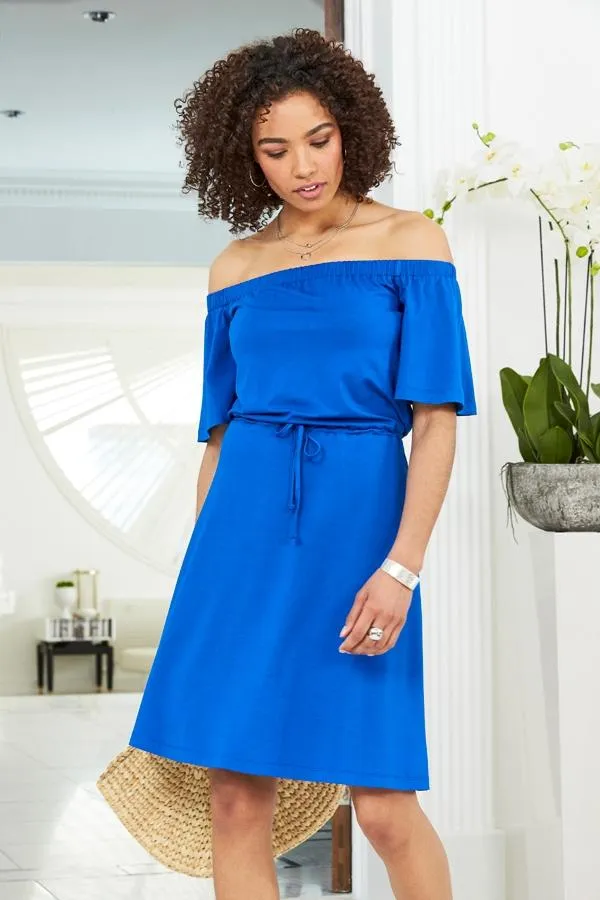 Sosandar Dresses Women Cobalt Blue Tie Waist Bardot Jersey Dress Cobalt Blue