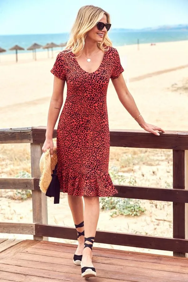 Sosandar Dresses Women Coral and Black Leopard Print Relaxed Fit Jersey Dress Coral Black