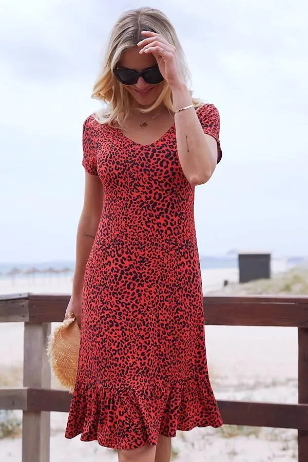 Sosandar Dresses Women Coral and Black Leopard Print Relaxed Fit Jersey Dress Coral Black