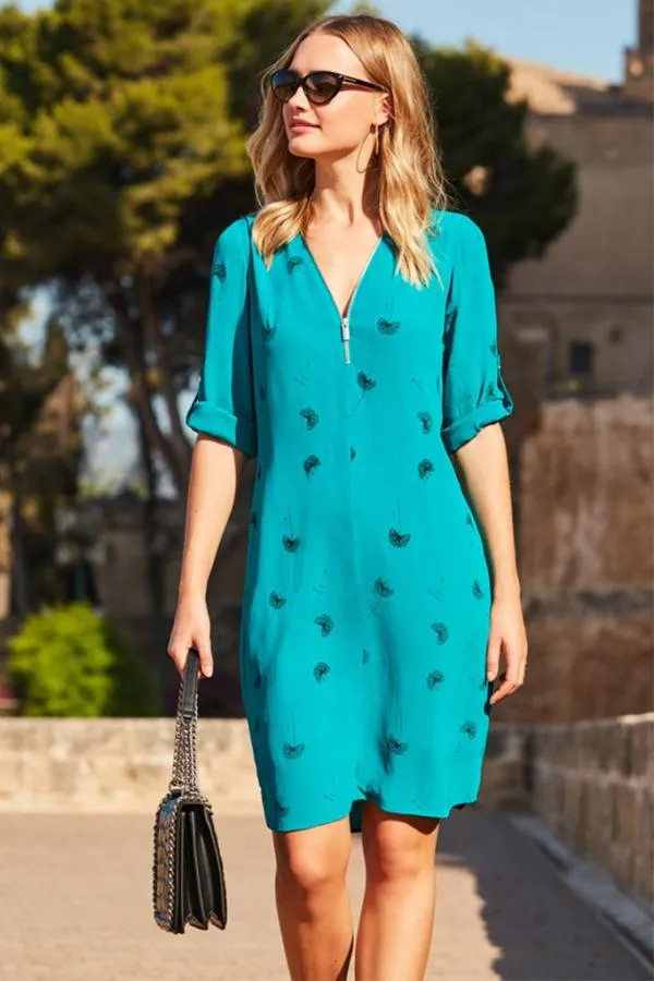 Sosandar Dresses Women Green Dandelion Print Zip Neck Shift Dress Green