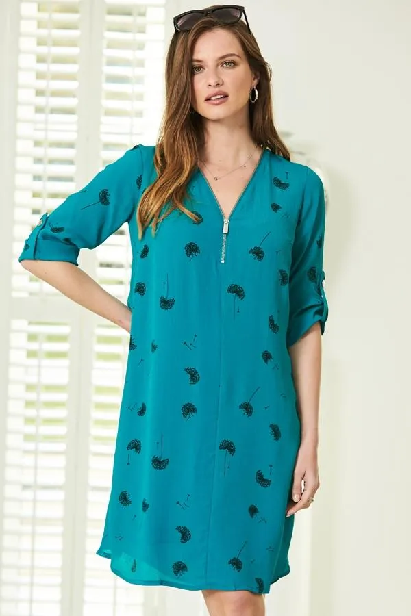 Sosandar Dresses Women Green Dandelion Print Zip Neck Shift Dress Green