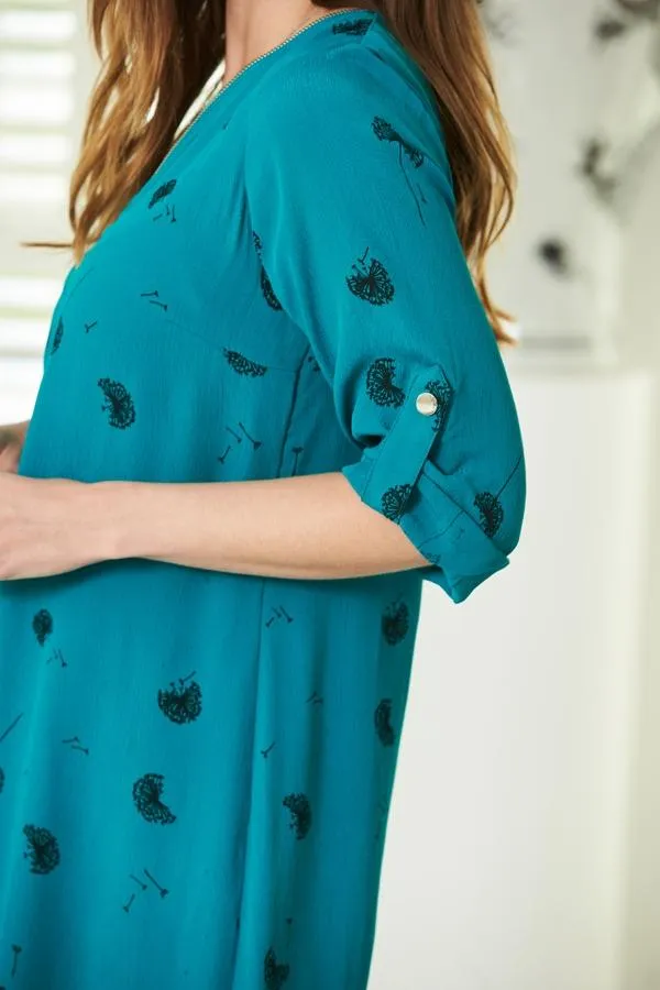 Sosandar Dresses Women Green Dandelion Print Zip Neck Shift Dress Green