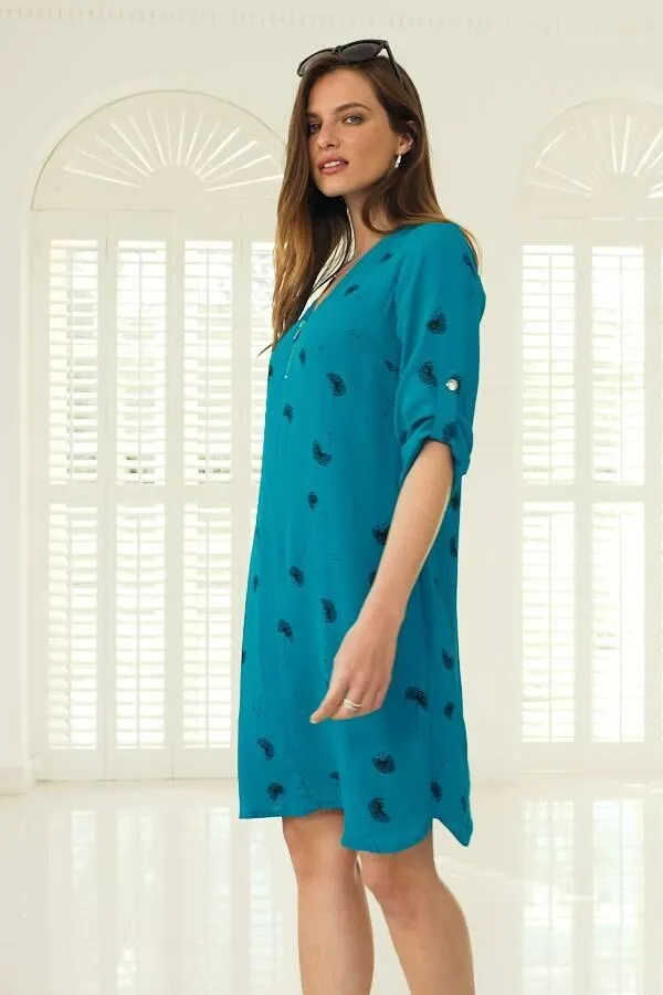 Sosandar Dresses Women Green Dandelion Print Zip Neck Shift Dress Green