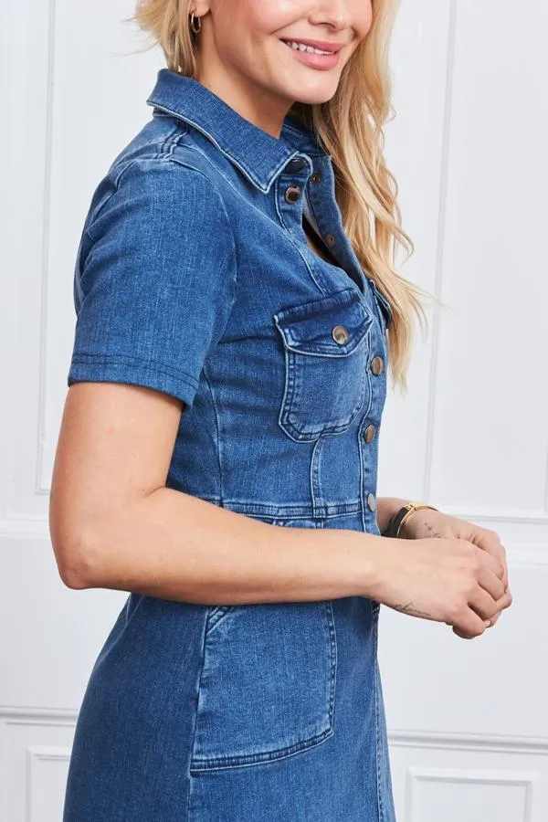 Sosandar Dresses Women Indigo Blue Popper Front Short Sleeve Stretch Denim Dress Indigo Blue