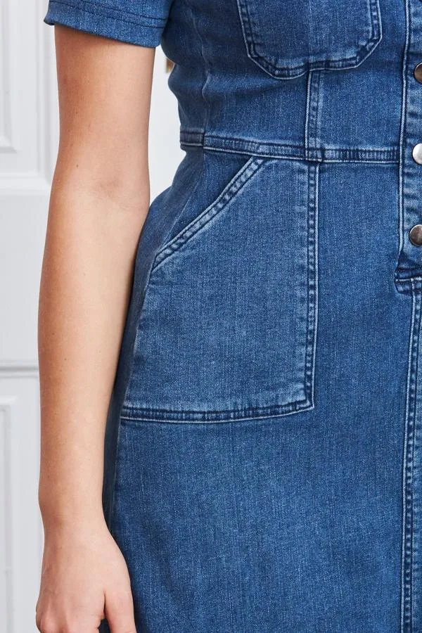Sosandar Dresses Women Indigo Blue Popper Front Short Sleeve Stretch Denim Dress Indigo Blue
